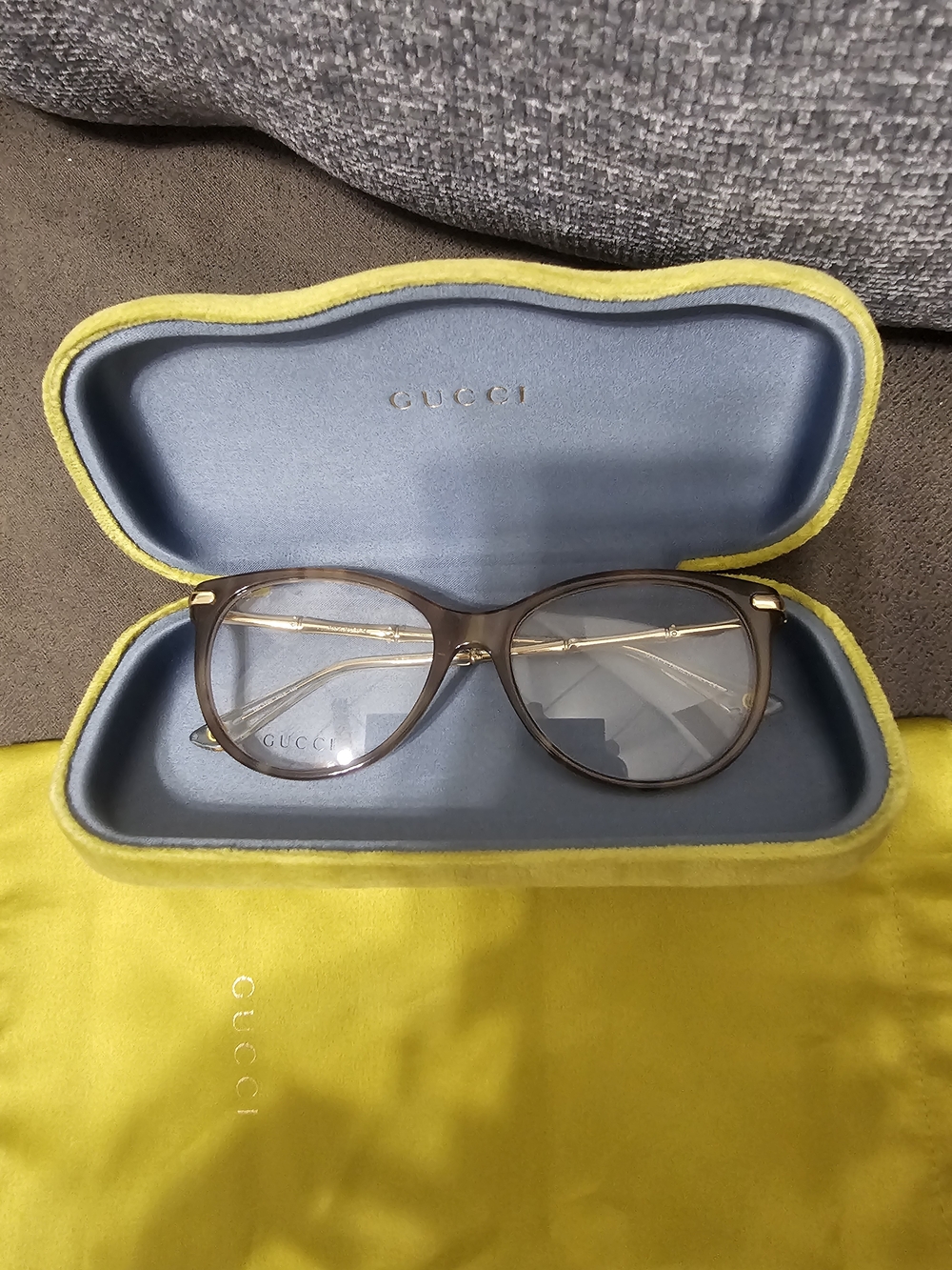Gucci Women's Brown Frame Eyeglasses with Gold Temples